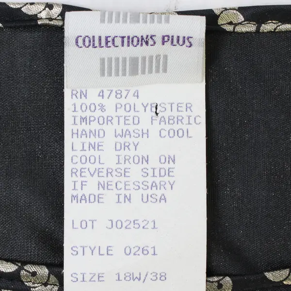 Vtg Collections Plus Women's 18W Black/Gold Printed Cap Sleeve Semi-Sheer Blouse