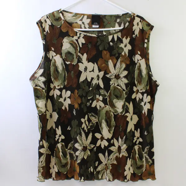 Vtg j.t.b Women's 2XL Earth Tones Floral Crinkle Fabric Wide Strap Tank Top