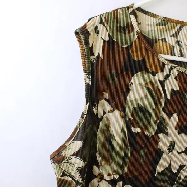 Vtg j.t.b Women's 2XL Earth Tones Floral Crinkle Fabric Wide Strap Tank Top