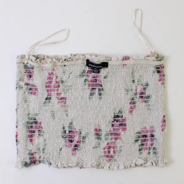 Ambiance Rose Pattern Beige Strapless Smocked Crop Top Women's Medium