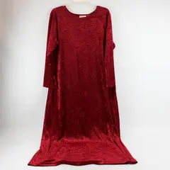 Vintage New Visions Women's L/XL Red Crushed Velvet Maxi Long Sleeve Dress