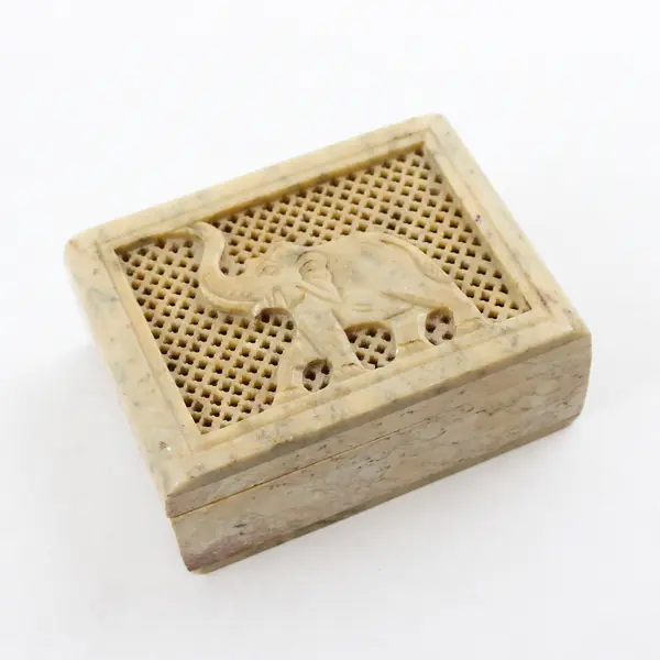 Handmade Carved Soap Stone Elephant Trinket Box W/ Hinge Lid Made In India