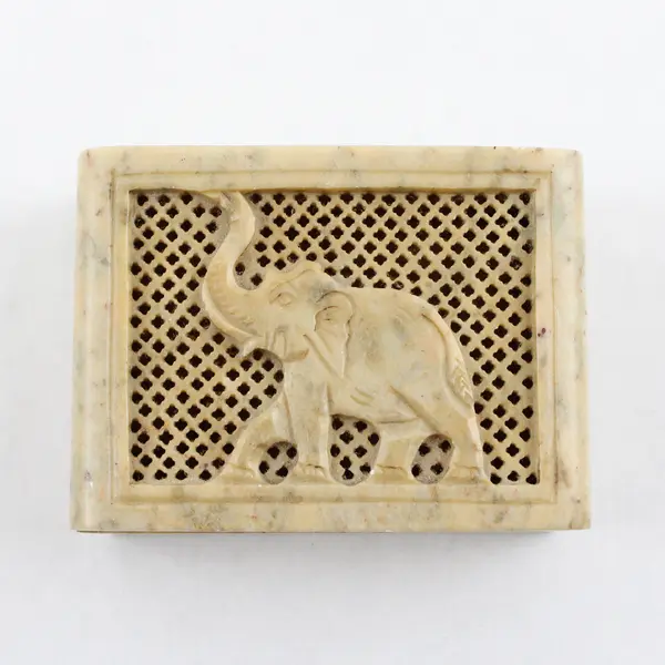 Handmade Carved Soap Stone Elephant Trinket Box W/ Hinge Lid Made In India