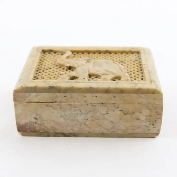 Handmade Carved Soap Stone Elephant Trinket Box W/ Hinge Lid Made In India