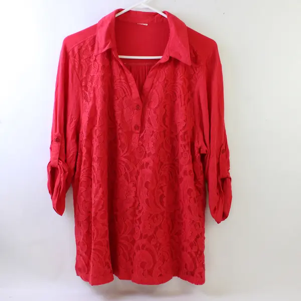 Faded Glory Women's 2XL Red Lace Front Roll Tab Sleeve Collared Blouse