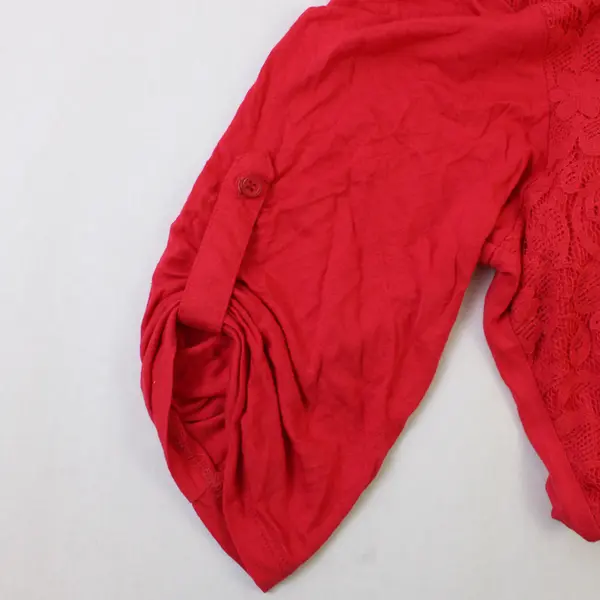 Faded Glory Women's 2XL Red Lace Front Roll Tab Sleeve Collared Blouse