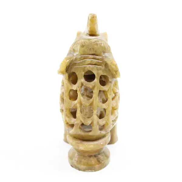 Handmade Jaali Carved Soap Stone Elephant Sitting On Stool Figurine India Made