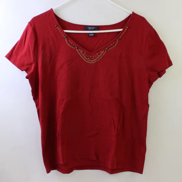 Chaps Women's XL Deep Red 100% Cotton Bead Embellished Neck T-Shirt