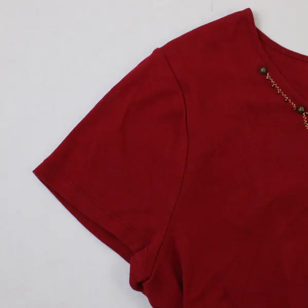 Chaps Women's XL Deep Red 100% Cotton Bead Embellished Neck T-Shirt