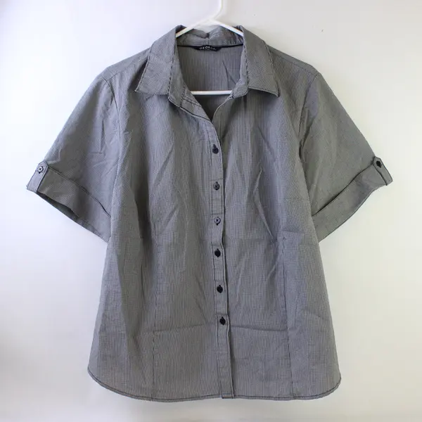 George Women's 2X Plus B&W Gingham Collared Button Up Short Sleeve Blouse