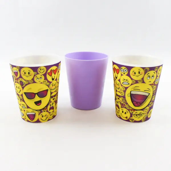 Lot of 3 Plastic Drinking Cups - 2 Happy Face & 1 Purple Party Cups Used
