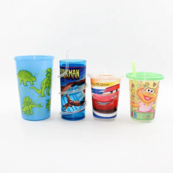 Lot of 4 Kids Character Plastic Cups - Spider-Man Elmo Dino Lightning McQueen