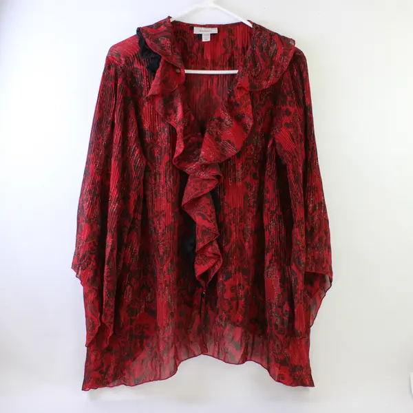 Dressbarn Women's 14/16 Red & Black Semi-Sheer Lace Flutter Sleeve Blouse