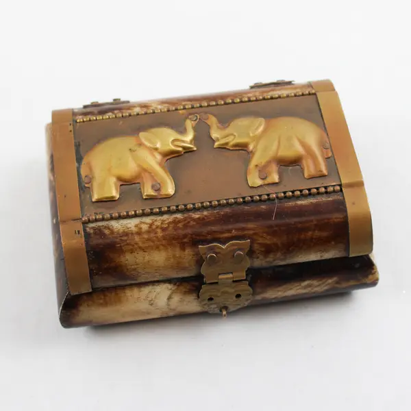 Handmade Brown/White Camel Bone/Brass Elephant Trinket Box W/ Lid Made In India