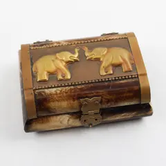 Handmade Brown/White Camel Bone/Brass Elephant Trinket Box W/ Lid Made In India