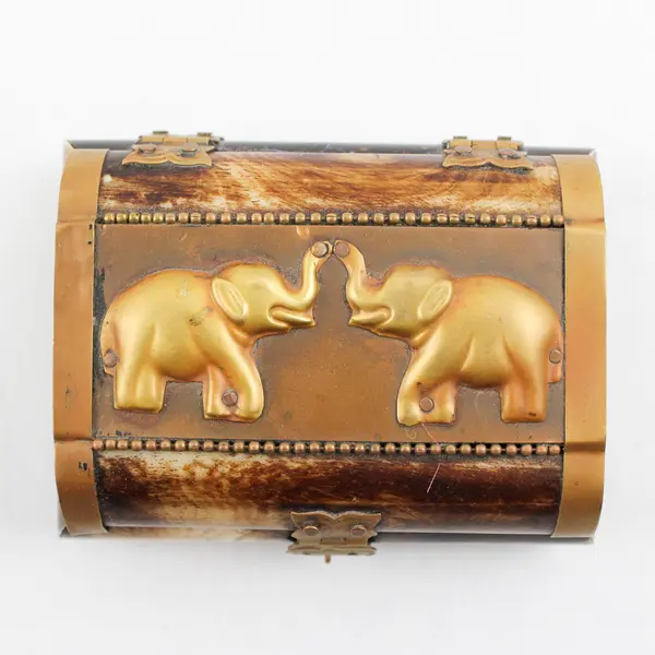 Handmade Brown/White Camel Bone/Brass Elephant Trinket Box W/ Lid Made In India