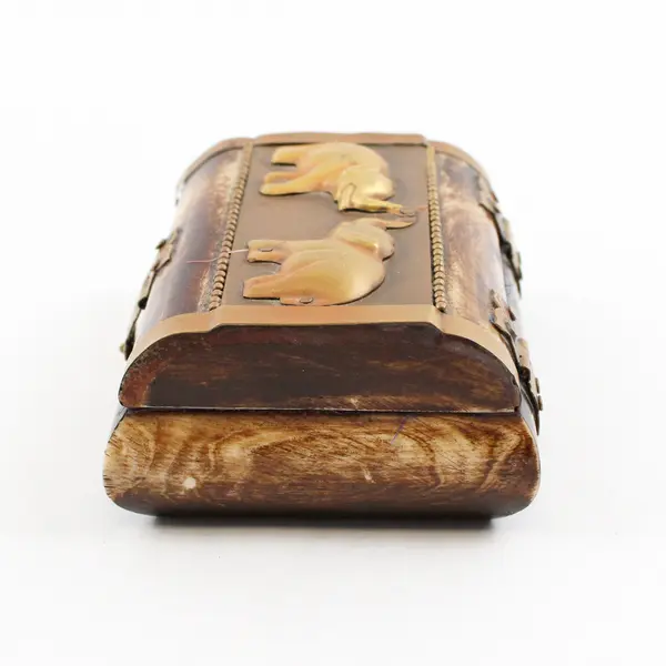 Handmade Brown/White Camel Bone/Brass Elephant Trinket Box W/ Lid Made In India