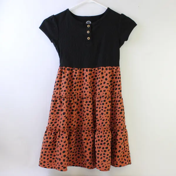 Wonder Nation Black and Brown Cheetah Print Short Sleeved Dress Girls' Med 7-8