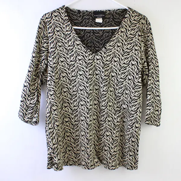 Y2K Brittany Black Women's 2X Gold Tiger Stripe 1/2 Sleeve Stretch Blouse