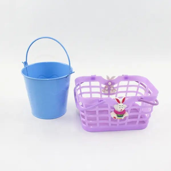 Lot of 2 Easter Decorations Purple Plastic Basket Blue Metal Bucket