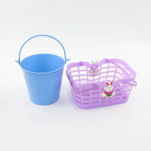 Lot of 2 Easter Decorations Purple Plastic Basket Blue Metal Bucket
