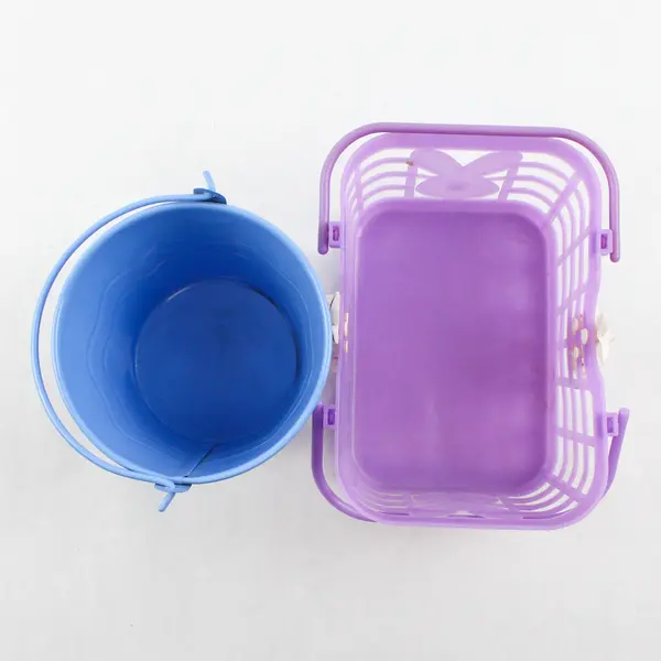 Lot of 2 Easter Decorations Purple Plastic Basket Blue Metal Bucket
