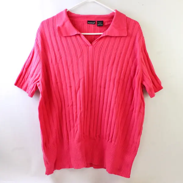NorthCrest Women's 1X Pink Ribbed Knit Sweater Texture Short Sleeve Polo Shirt