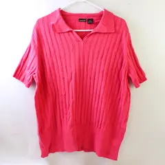 NorthCrest Women's 1X Pink Ribbed Knit Sweater Texture Short Sleeve Polo Shirt
