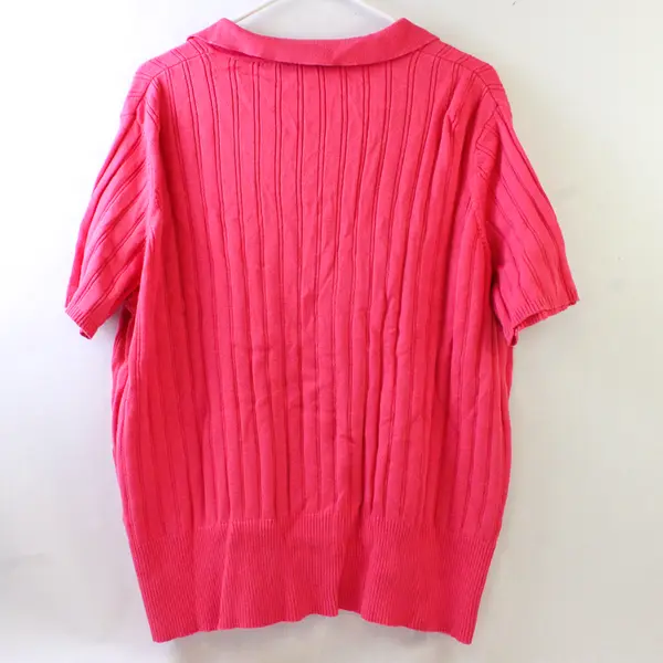 NorthCrest Women's 1X Pink Ribbed Knit Sweater Texture Short Sleeve Polo Shirt