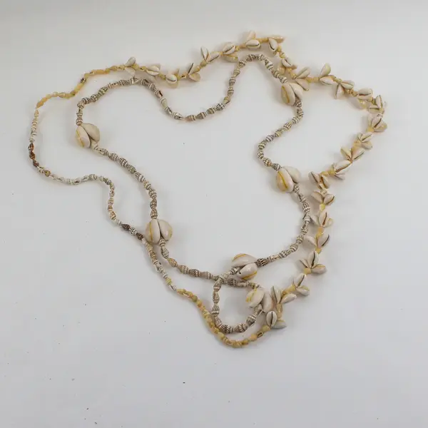 Lot of 2 Beige Brown & White Cowrie Mini Conch Beaded Shell Necklaces 17" & 19"