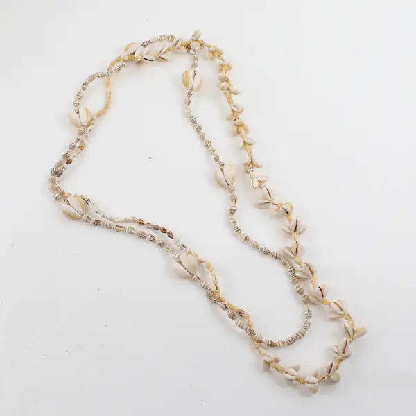 Lot of 2 Beige Brown & White Cowrie Mini Conch Beaded Shell Necklaces 17" & 19"
