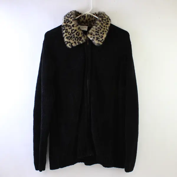 VTG Basic Editions Women's L Black Faux Fur Collar Chenille Full Zip Sweater 