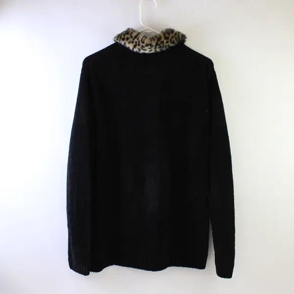 VTG Basic Editions Women's L Black Faux Fur Collar Chenille Full Zip Sweater 