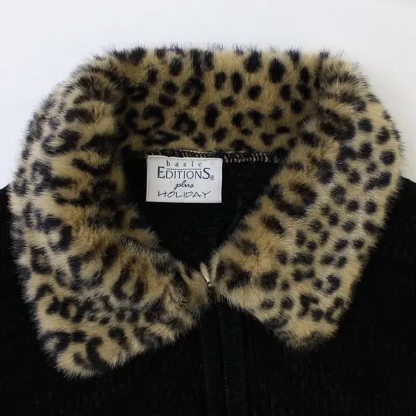 VTG Basic Editions Women's L Black Faux Fur Collar Chenille Full Zip Sweater 