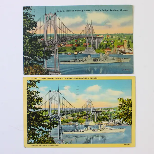 Lot Of 2 Battleships Passing St John's Bridge Portland Oregon Litho Postcards 