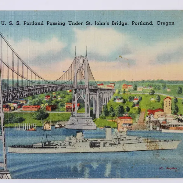 Lot Of 2 Battleships Passing St John's Bridge Portland Oregon Litho Postcards 
