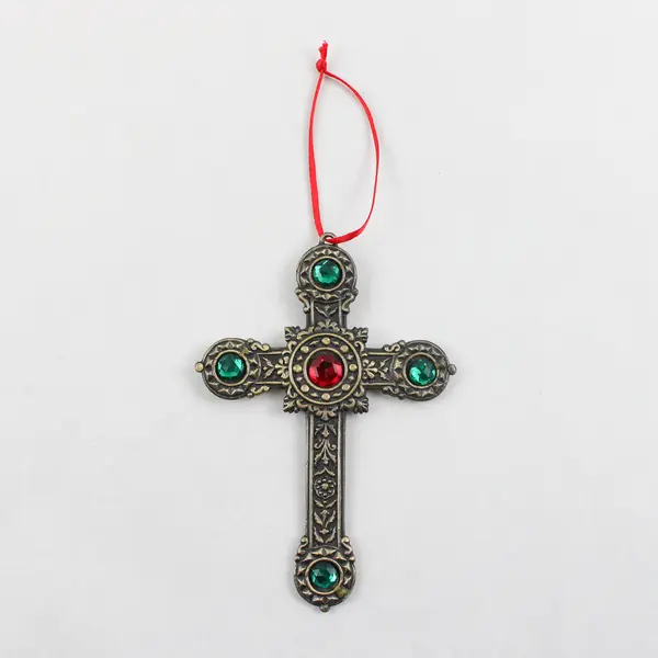 Unbranded Red/Green Bedazzled Metal Cross Hanging Ornament 4.75" x 3.25"