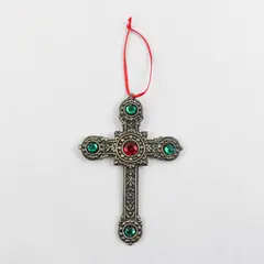 Unbranded Red/Green Bedazzled Metal Cross Hanging Ornament 4.75" x 3.25"