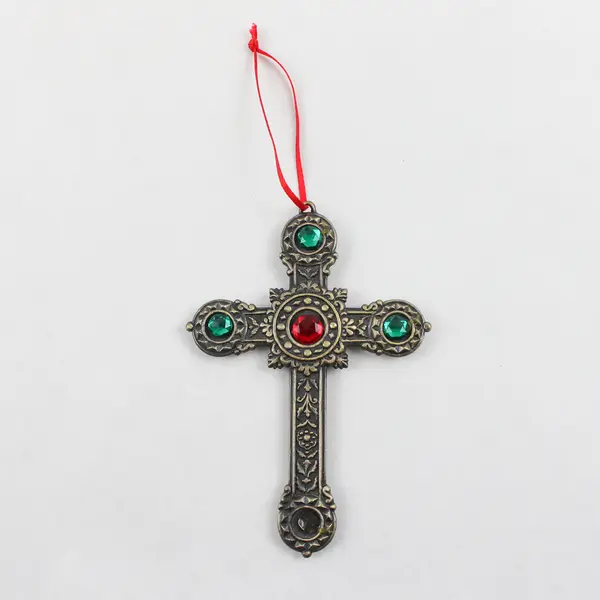 Unbranded Red/Green Bedazzled Metal Cross Hanging Ornament 4.75" x 3.25"
