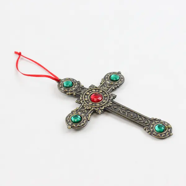 Unbranded Red/Green Bedazzled Metal Cross Hanging Ornament 4.75" x 3.25"