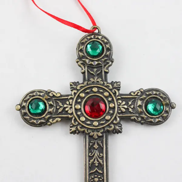 Unbranded Red/Green Bedazzled Metal Cross Hanging Ornament 4.75" x 3.25"