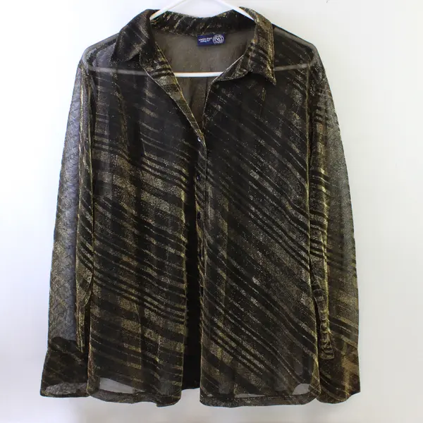 Vtg Venezia Jeans Women's 22-24 Gold & Black Sheer Metallic Long Sleeve Blouse
