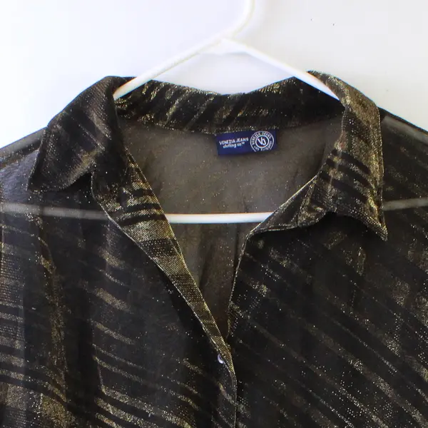 Vtg Venezia Jeans Women's 22-24 Gold & Black Sheer Metallic Long Sleeve Blouse