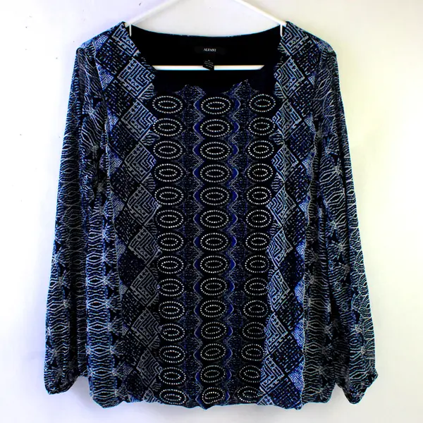 Alfani Blue and White Bedazzled Long-Sleeved Top Women's Medium