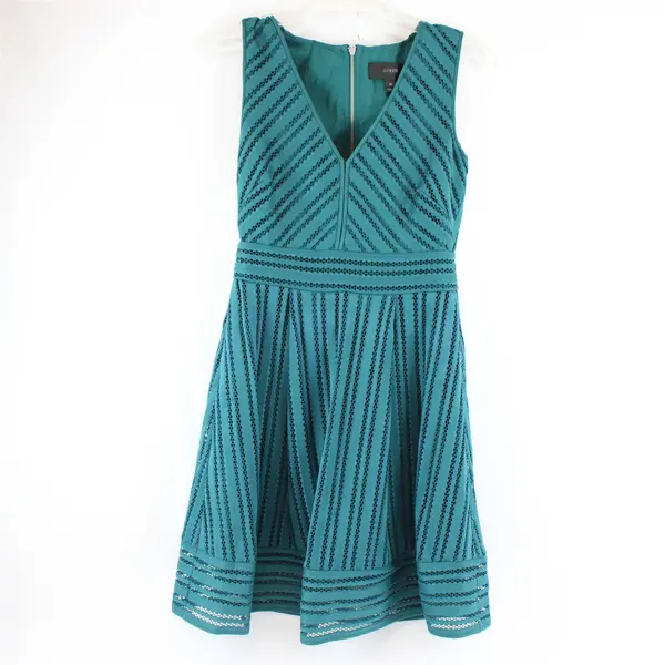 J. Crew Women's 00 Emerald Green Eyelet Striped Fit Flare V Neck  Dress