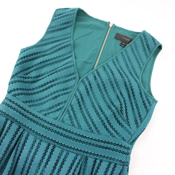 J. Crew Women's 00 Emerald Green Eyelet Striped Fit Flare V Neck  Dress