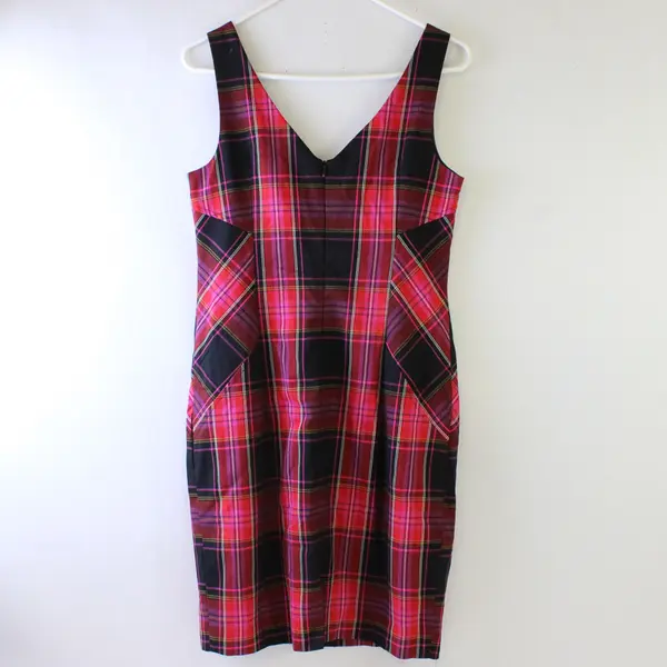 Trina Turk Women's 4 Pink Plaid Revah Tartan Sleeveless V-Neck Sheath Dress