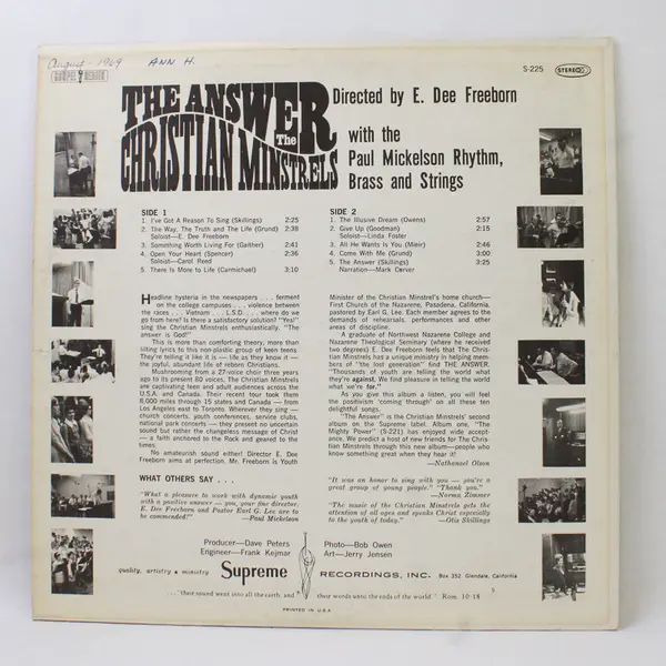 Christian Minstrels "The Answer" 12" Vinyl Record