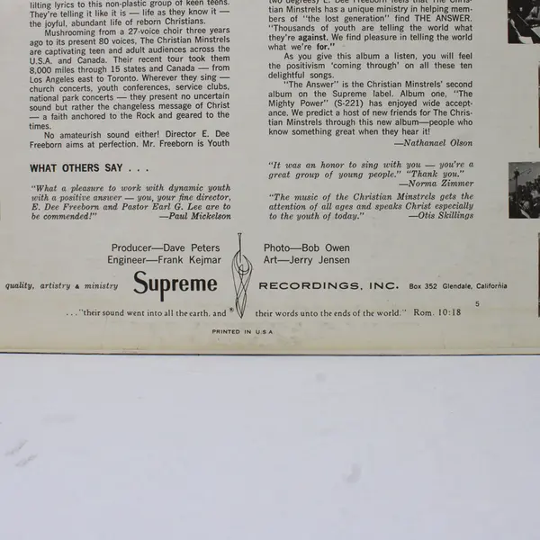 Christian Minstrels "The Answer" 12" Vinyl Record