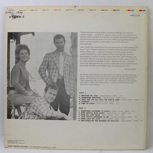 Gaither Trio "Because He Lives " 12" Vinyl Record